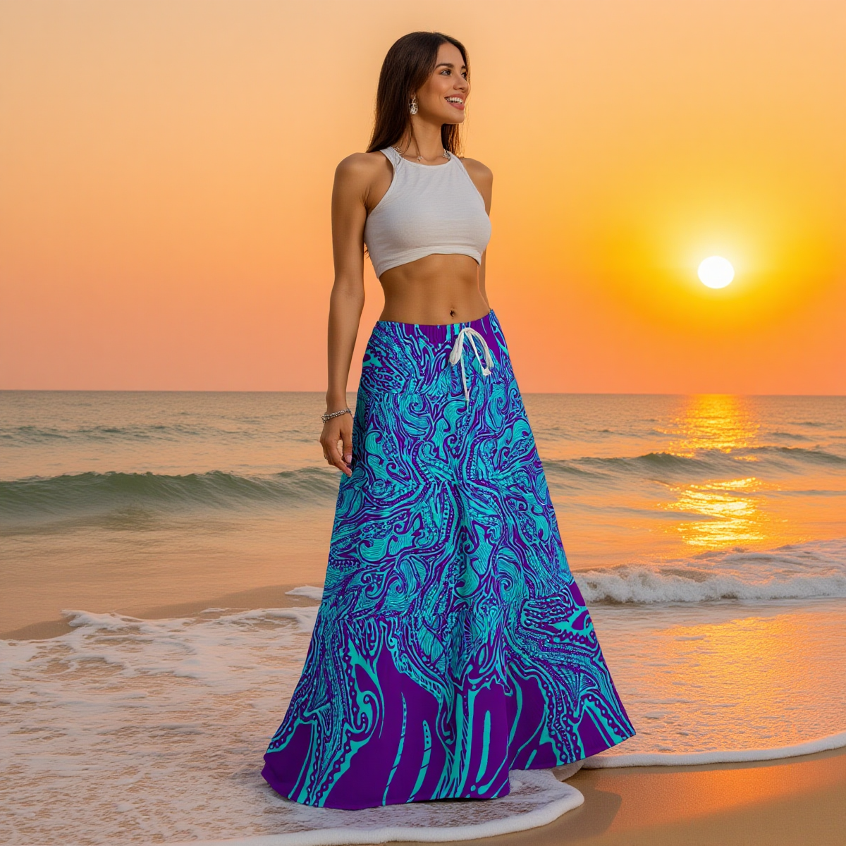 Hand Drawn Pattern -  Pleated Long Skirt