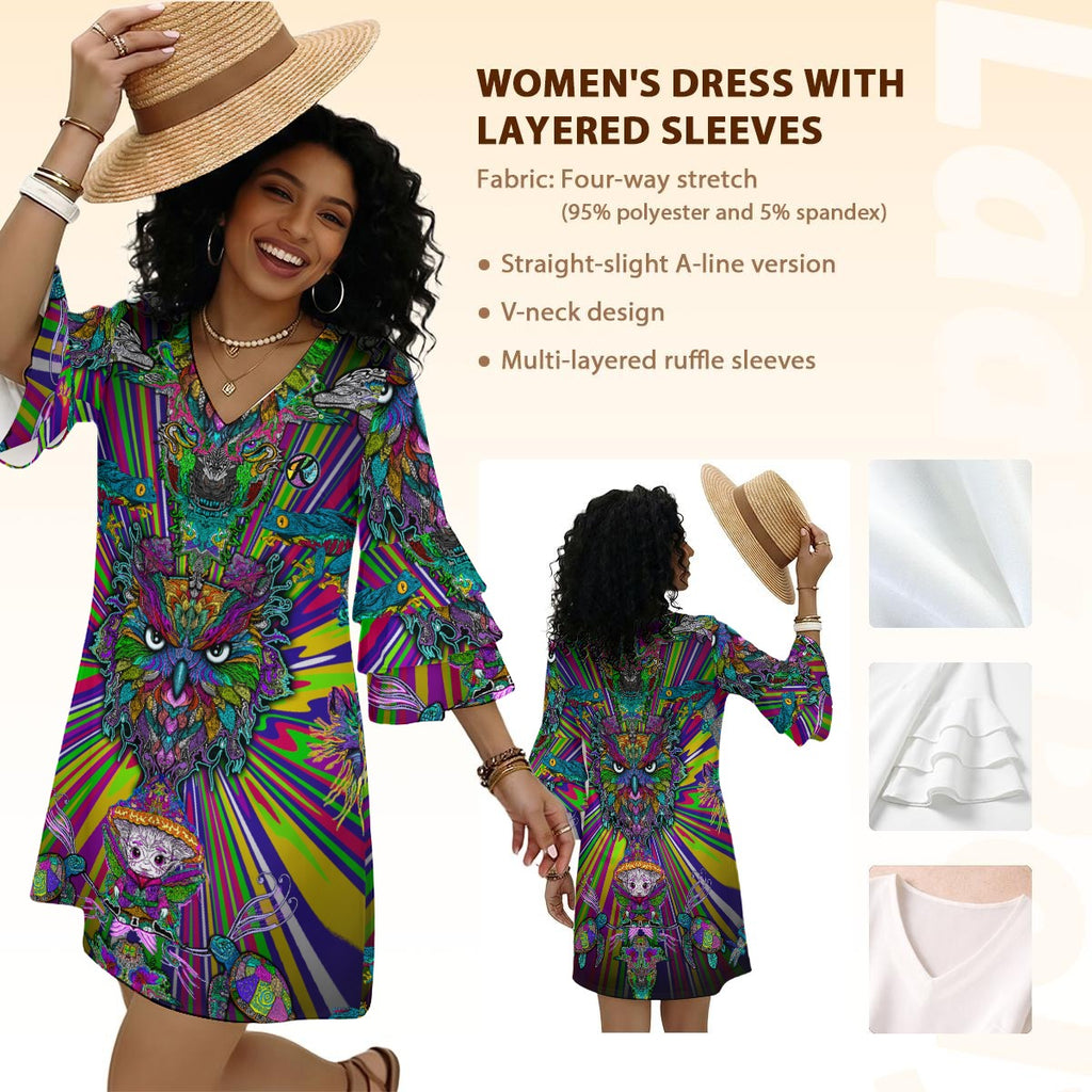 Vibrant Critter Collage - Kozy Chaos Hand Drawn Art - Women's Stacked Ruffle Sleeve Dress