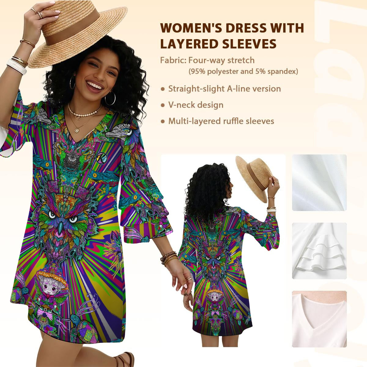 Vibrant Critter Collage - Kozy Chaos Hand Drawn Art - Women's Stacked Ruffle Sleeve Dress