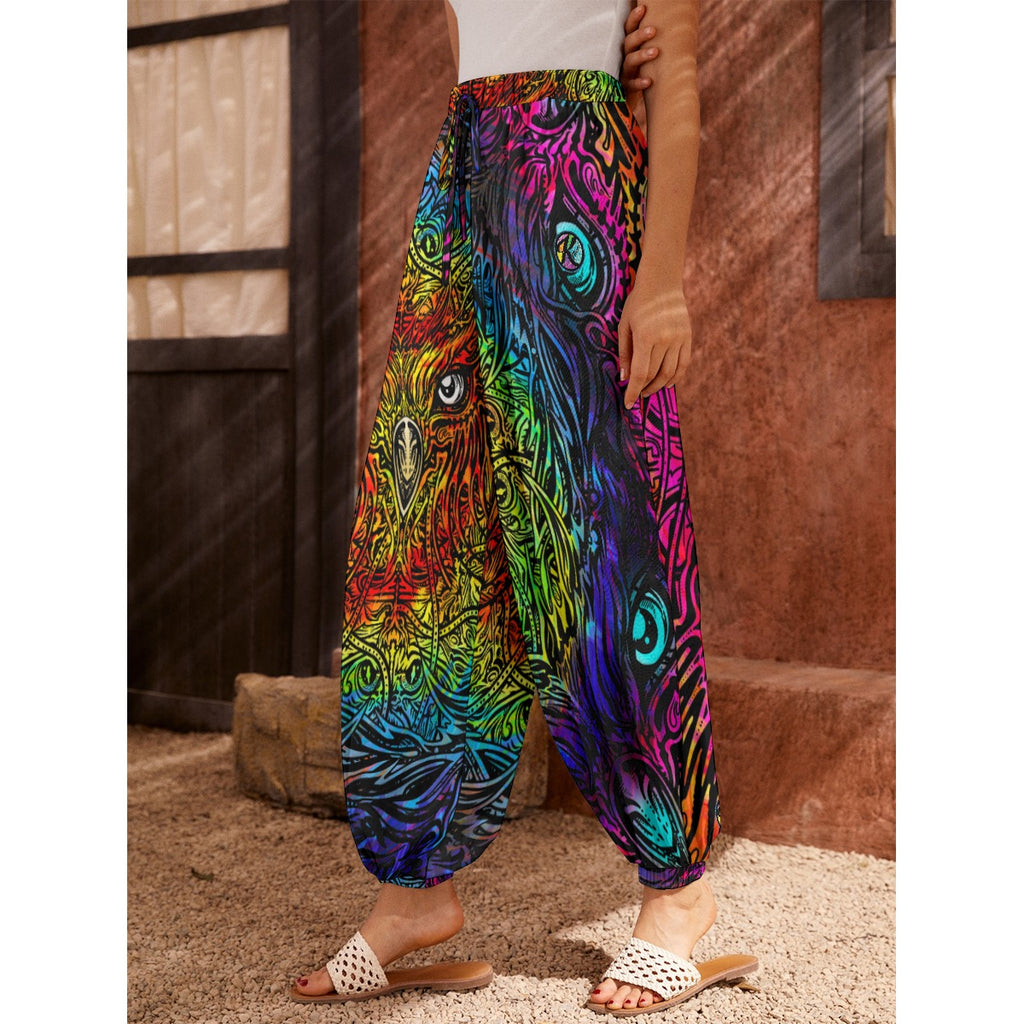 Hand Drawn Owl Art - Women's Carrot Pants with Pockets