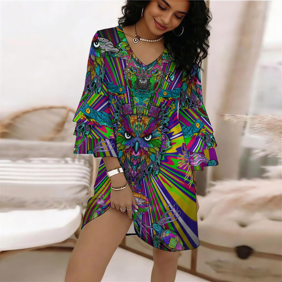 Vibrant Critter Collage - Kozy Chaos Hand Drawn Art - Women's Stacked Ruffle Sleeve Dress