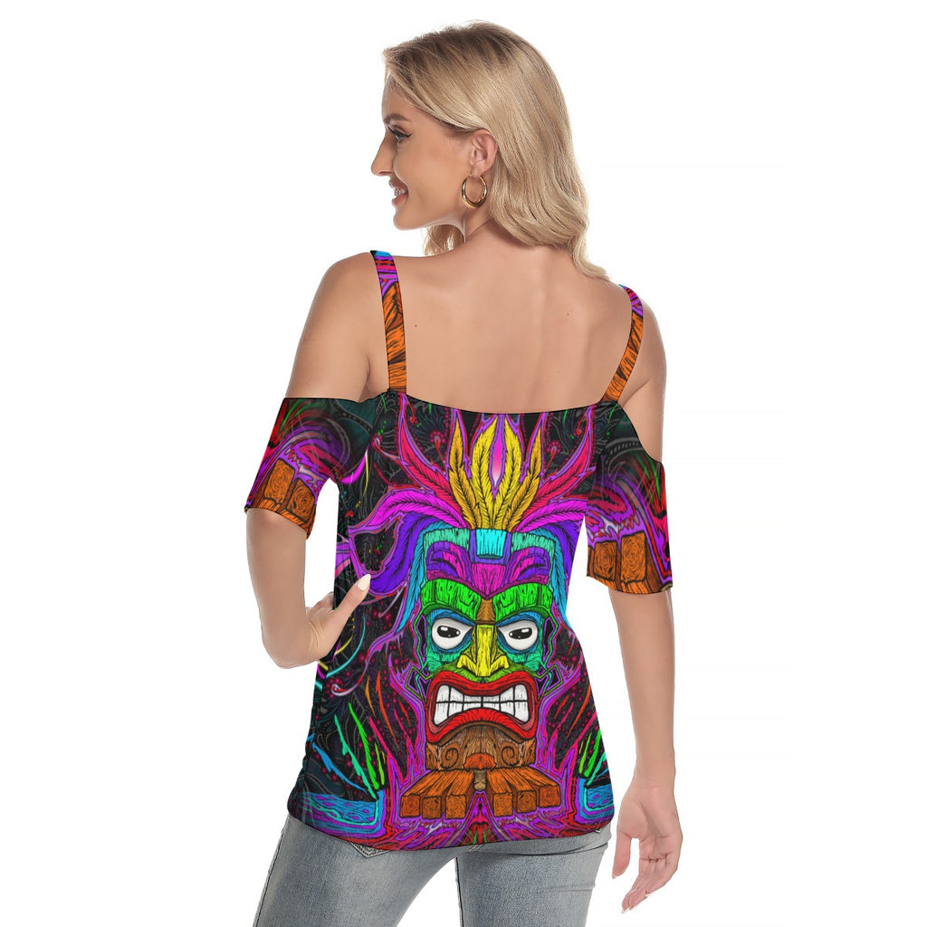 Tiki Diki - Hand Drawn Art Cold Shoulder T-shirt With Criss Cross Strips