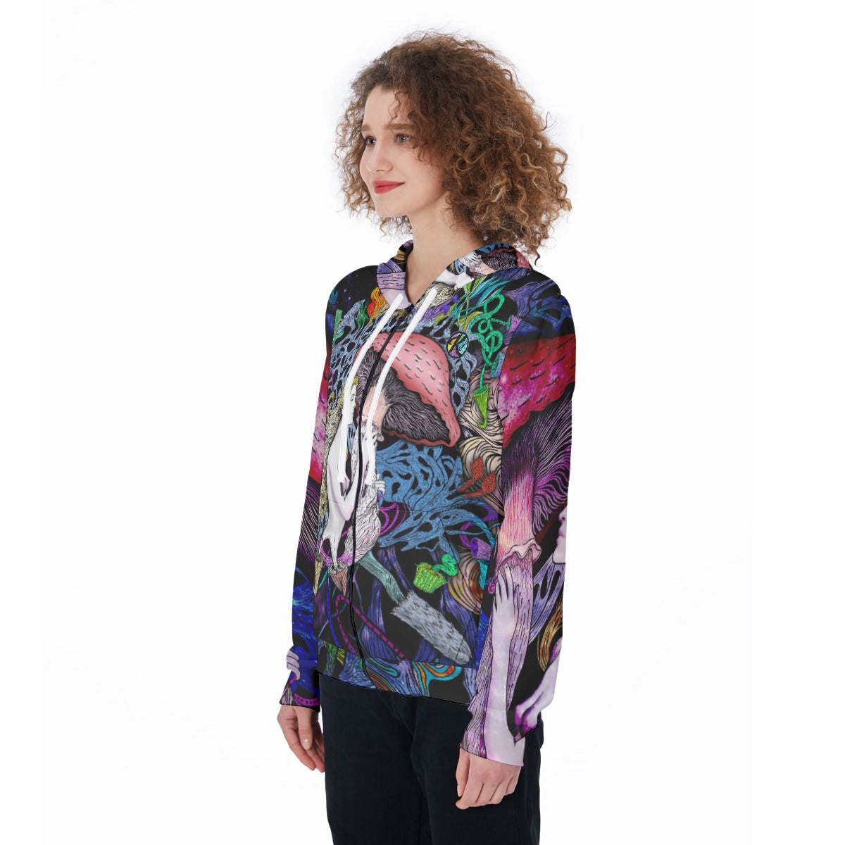 Grove Goddess. Hand Drawn Art on Zip Hoodie. Womans