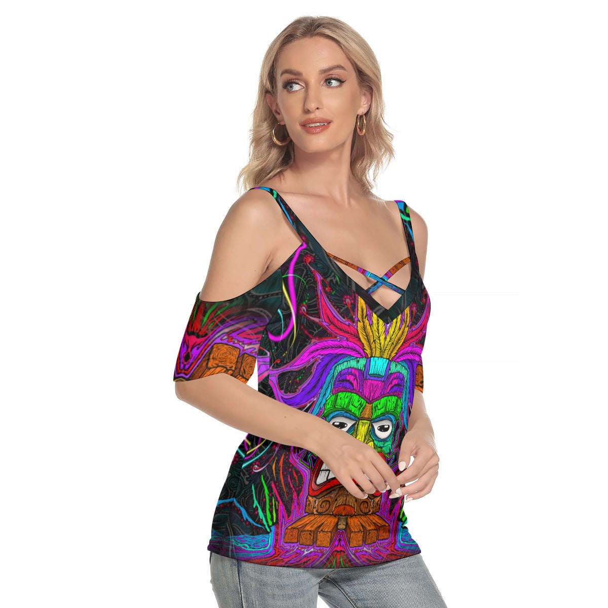 Tiki Diki - Hand Drawn Art Cold Shoulder T-shirt With Criss Cross Strips