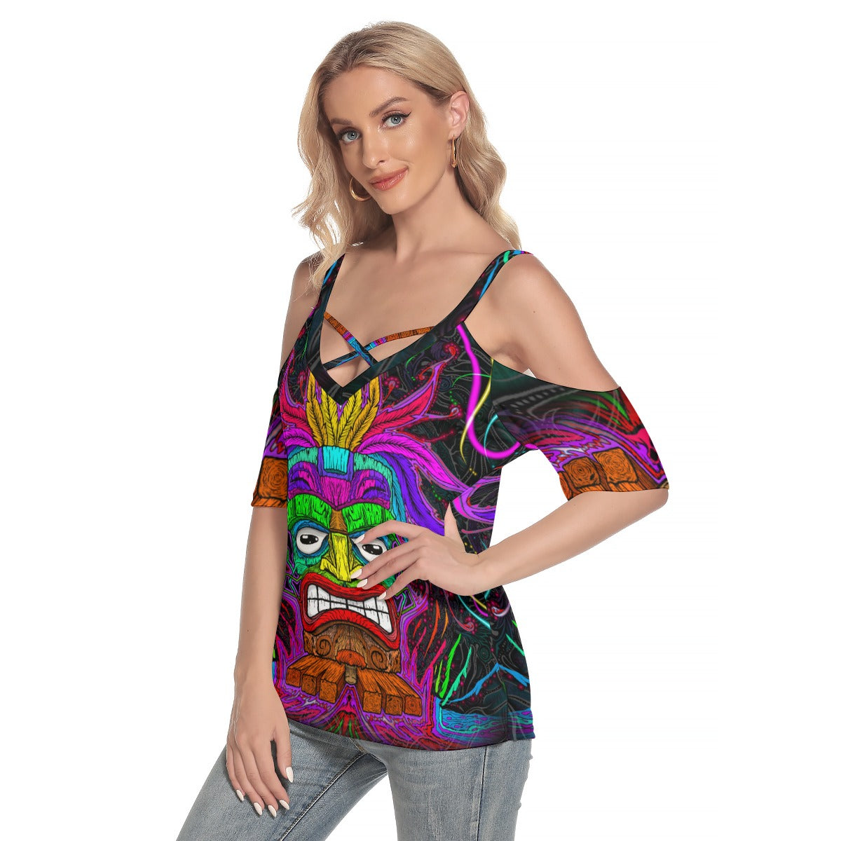 Tiki Diki - Hand Drawn Art Cold Shoulder T-shirt With Criss Cross Strips