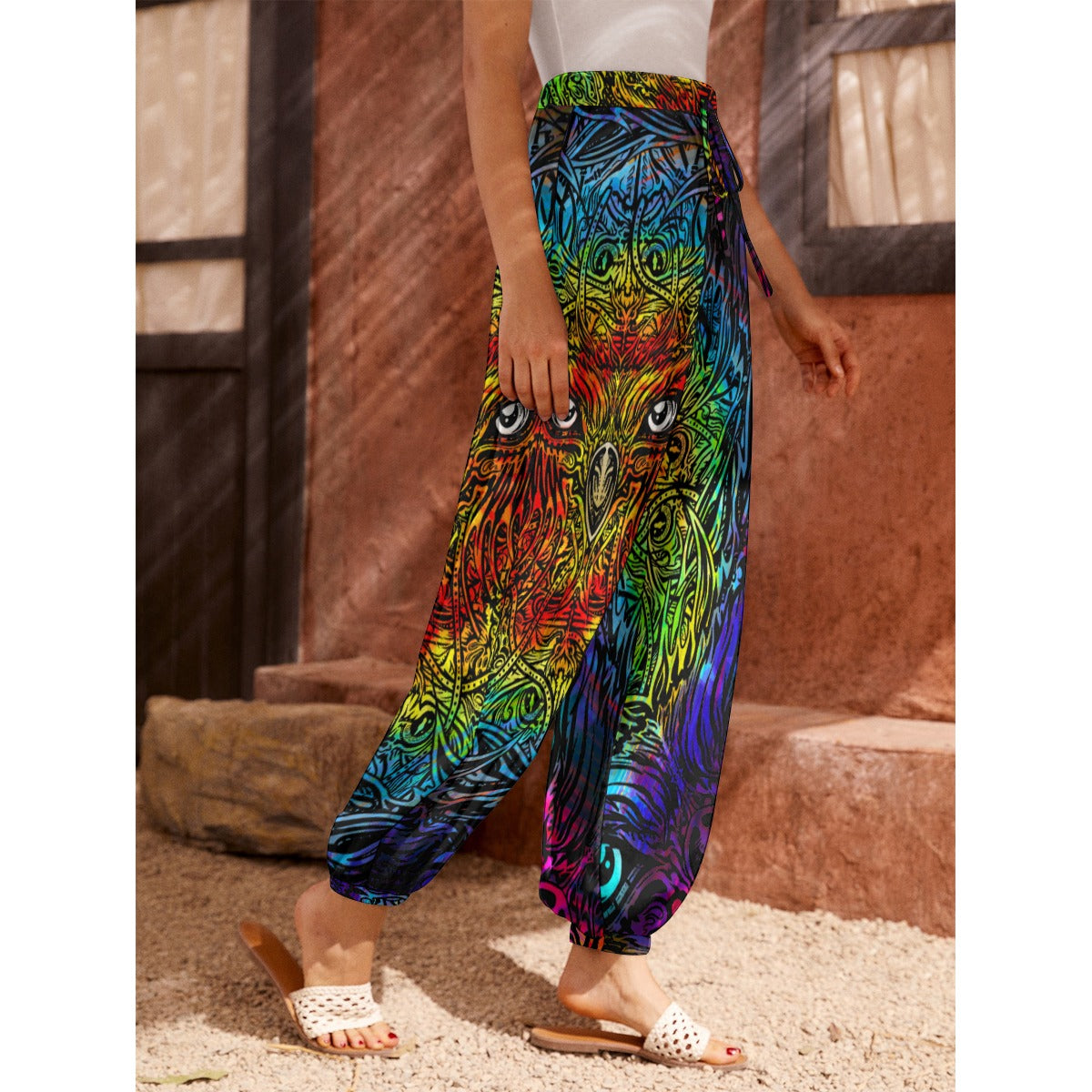 Hand Drawn Owl Art - Women's Carrot Pants with Pockets