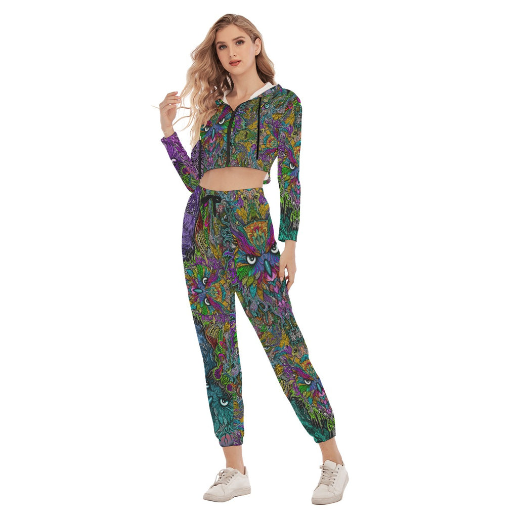 Owl Pattern - Hand Drawn Women's Crop Hoodie Sports Set