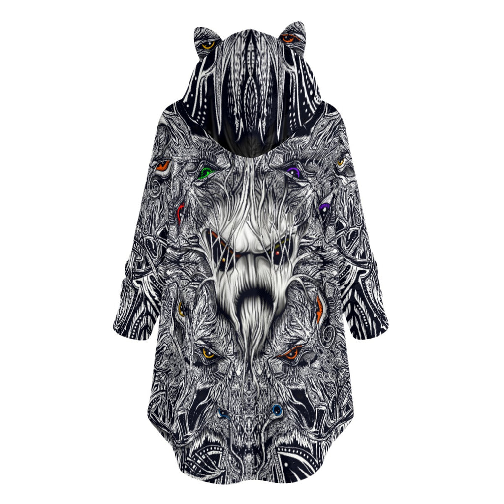 ScreaminDemon- Hand Drawn Art Flannel Hoodie with Cat Ears