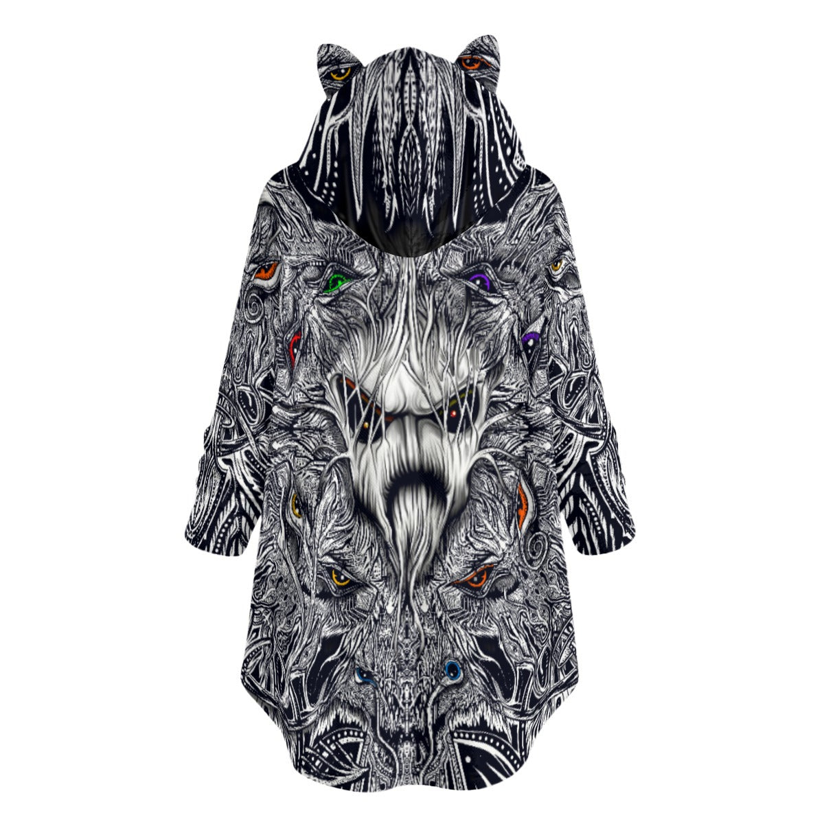 ScreaminDemon- Hand Drawn Art Flannel Hoodie with Cat Ears
