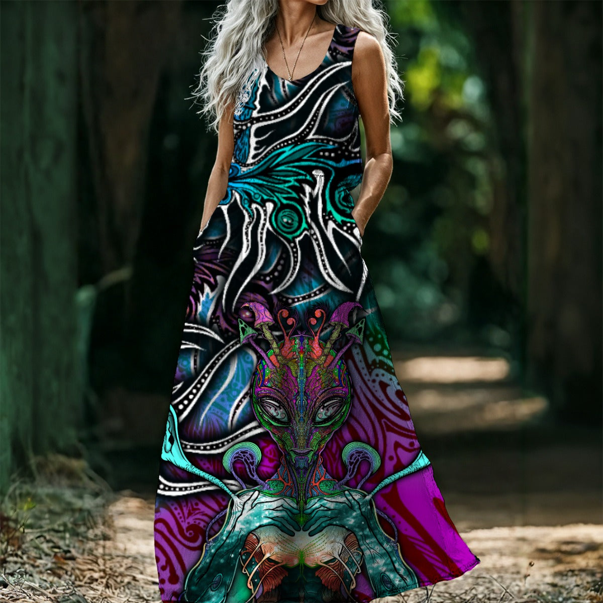 Alien Listener - Hand Drawn Art - Women’s Sleeveless Maxi Dress