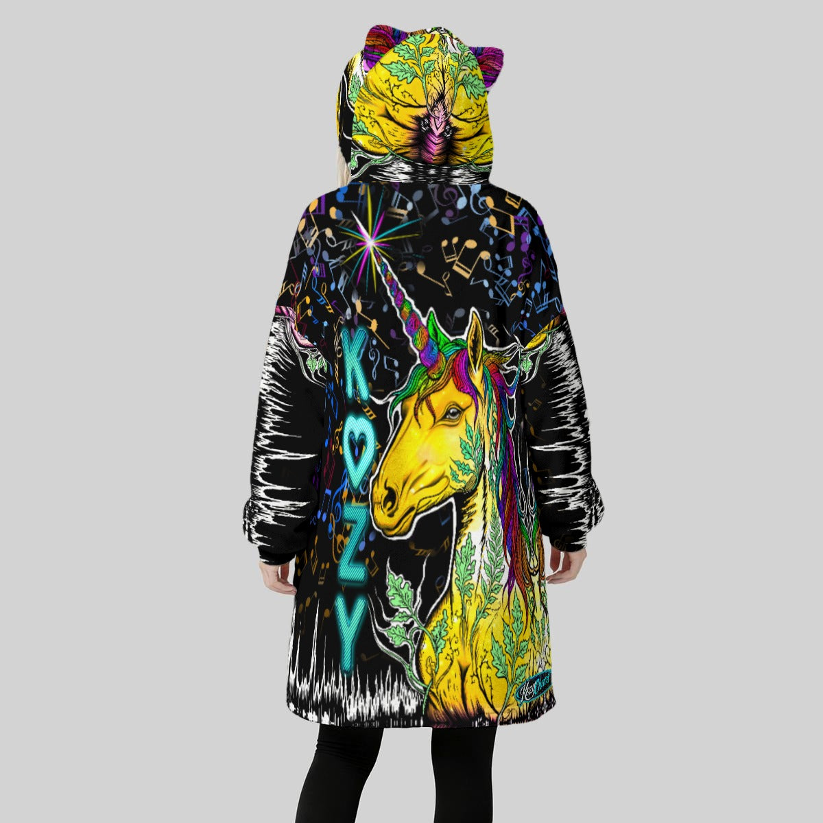 UnicornFae Hand Drawn Art Fleece Oversized Hoodie Blanket With Decorative Ears