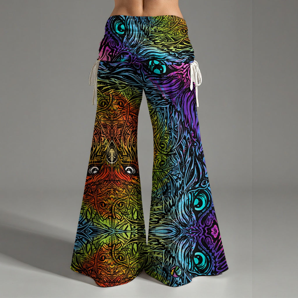 Owl Art - Hand drawn Pattern High Waist Bellbottom Pants