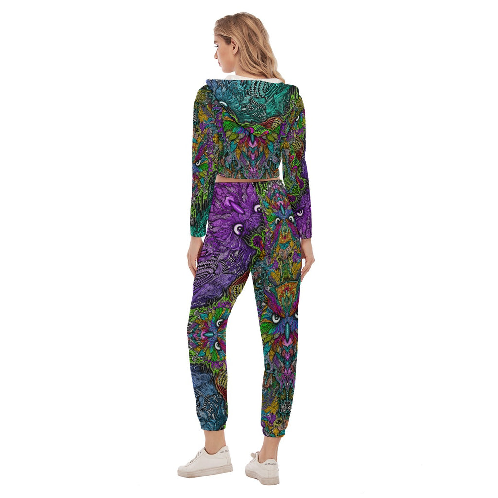 Owl Pattern - Hand Drawn Women's Crop Hoodie Sports Set