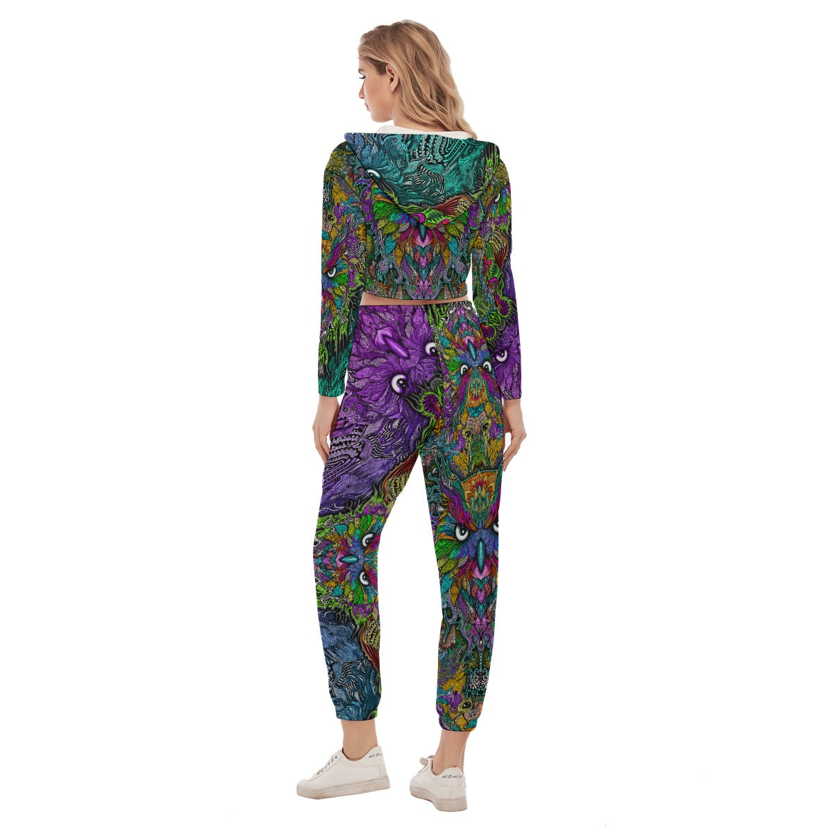 Owl Pattern - Hand Drawn Women's Crop Hoodie Sports Set