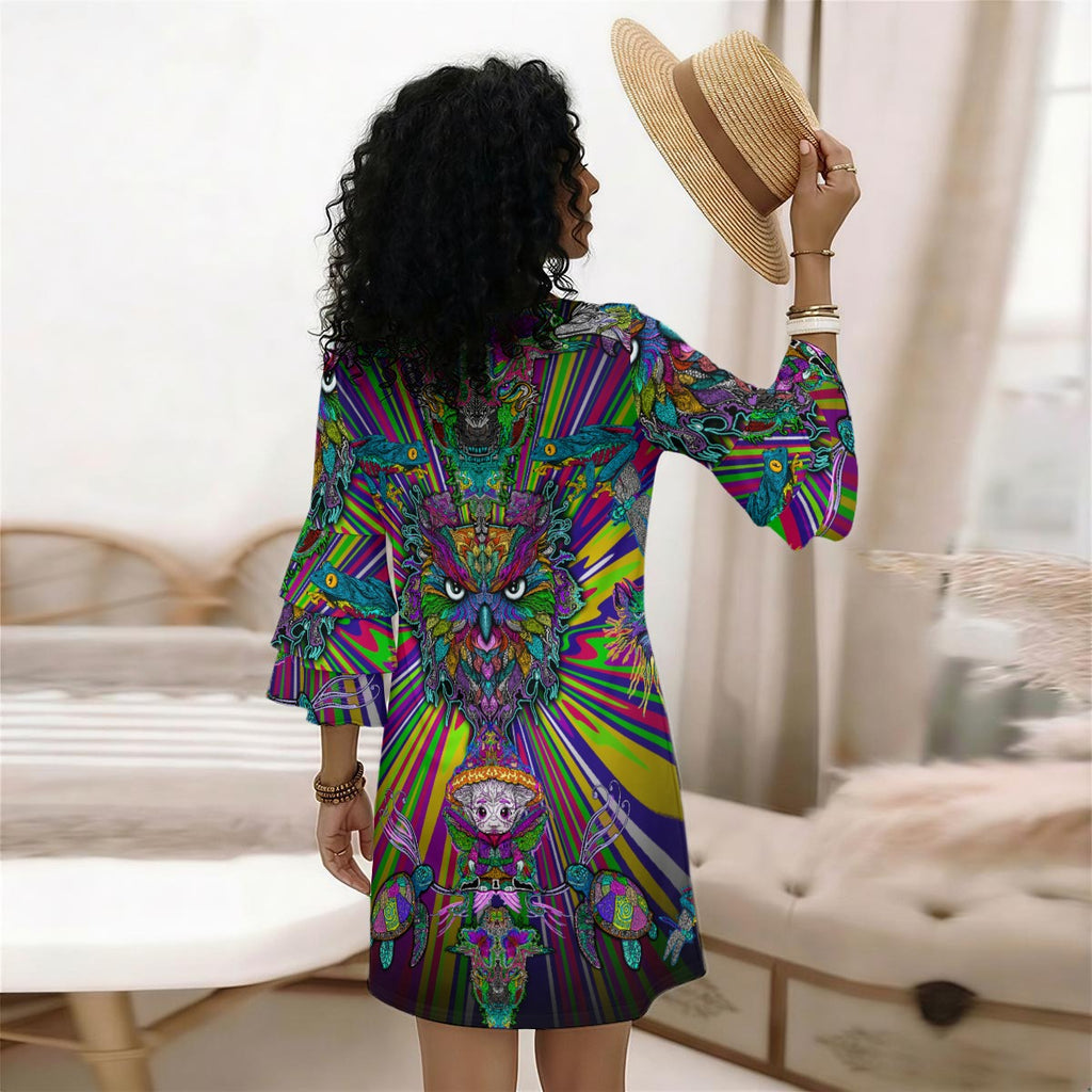 Vibrant Critter Collage - Kozy Chaos Hand Drawn Art - Women's Stacked Ruffle Sleeve Dress