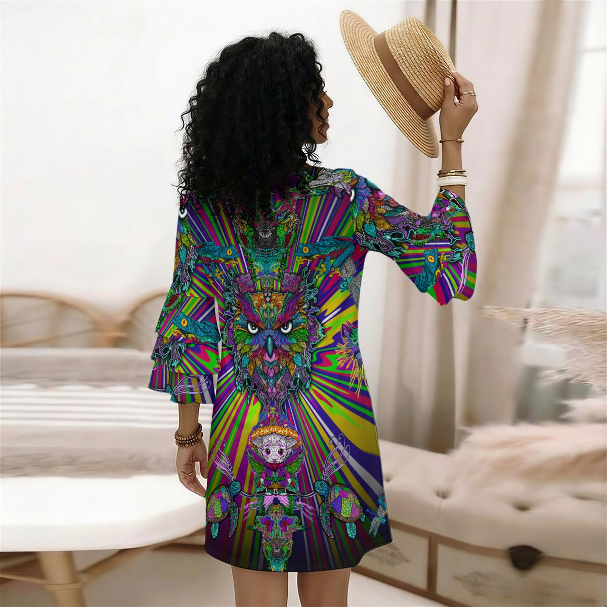 Vibrant Critter Collage - Kozy Chaos Hand Drawn Art - Women's Stacked Ruffle Sleeve Dress