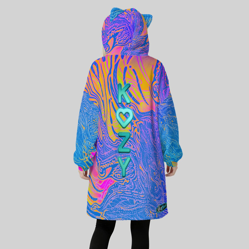 Hand Drawn Patterns - YellowDotFiz Fleece Oversized Hoodie Blanket With Decorative Ears